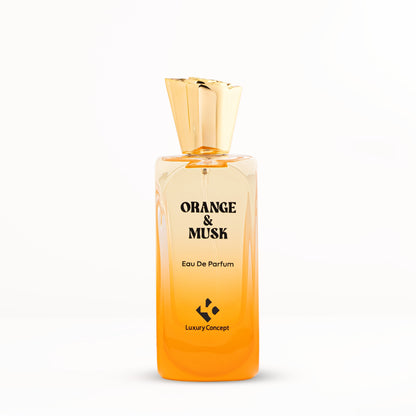 Elegant clear glass Orange & Musk perfume bottle with natural wood-tone stopper and subtle curves, hinting at fresh clementine, neroli, and driftwood accords.