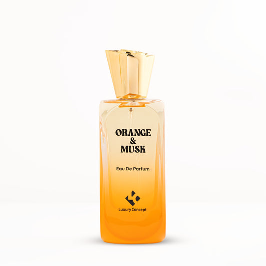 Elegant clear glass Orange & Musk perfume bottle with natural wood-tone stopper and subtle curves, hinting at fresh clementine, neroli, and driftwood accords.