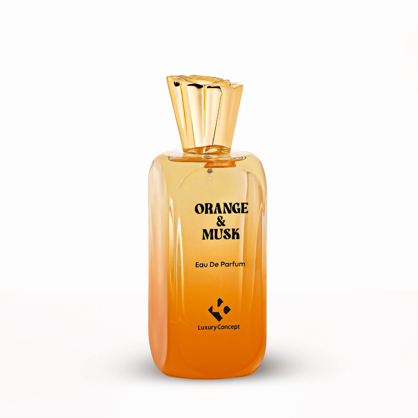 Orange & Musk unisex fragrance bottle with refined silhouette and light amber liquid, suggesting crisp citrus and warm musk sophistication.