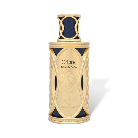 Orlane extrait de parfum unisex perfume bottle by Luxury Concept, gold lattice bottle with deep blue accents, niche luxury fragrance.