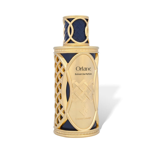 Orlane unisex extrait de parfum gold lattice perfume bottle angled view with blue accents, Luxury Concept luxury scent.