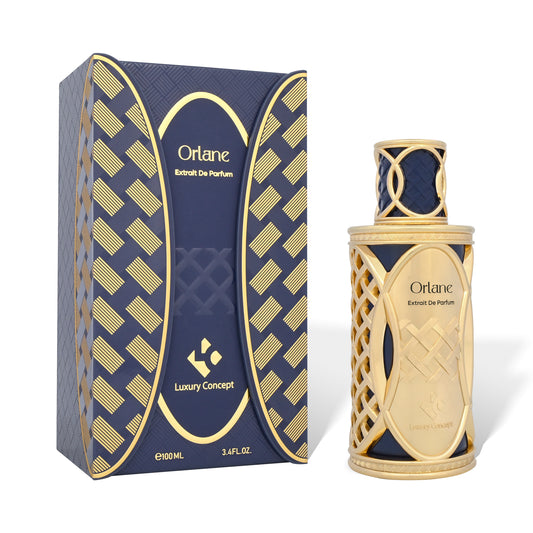 Orlane extrait de parfum bottle with blue patterned packaging and gold bottle by Luxury Concept, premium niche fragrance.