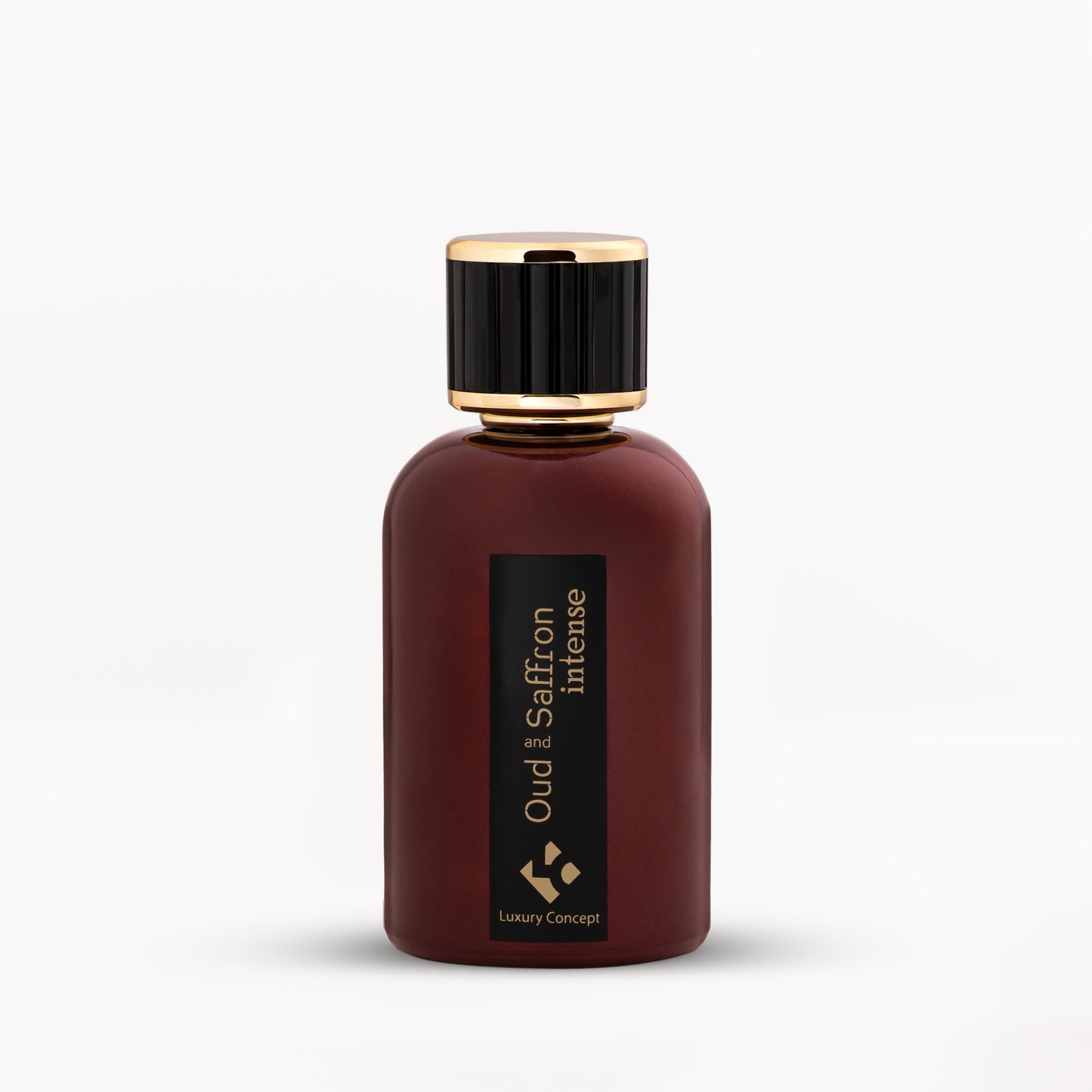 Purple-toned Oud & Saffron Intense perfume bottle with bold form and polished cap, hinting at powerful oud, rose, amber, and leather accords.