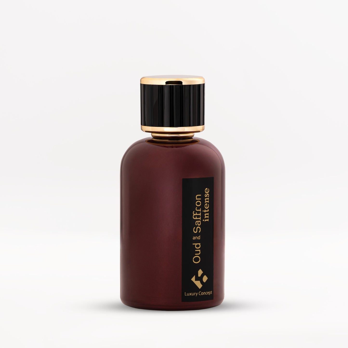 Oud & Saffron Intense fragrance bottle with rich color gradient and refined faceplate, conveying warm spicy and woody depth with smoky tobacco nuance.