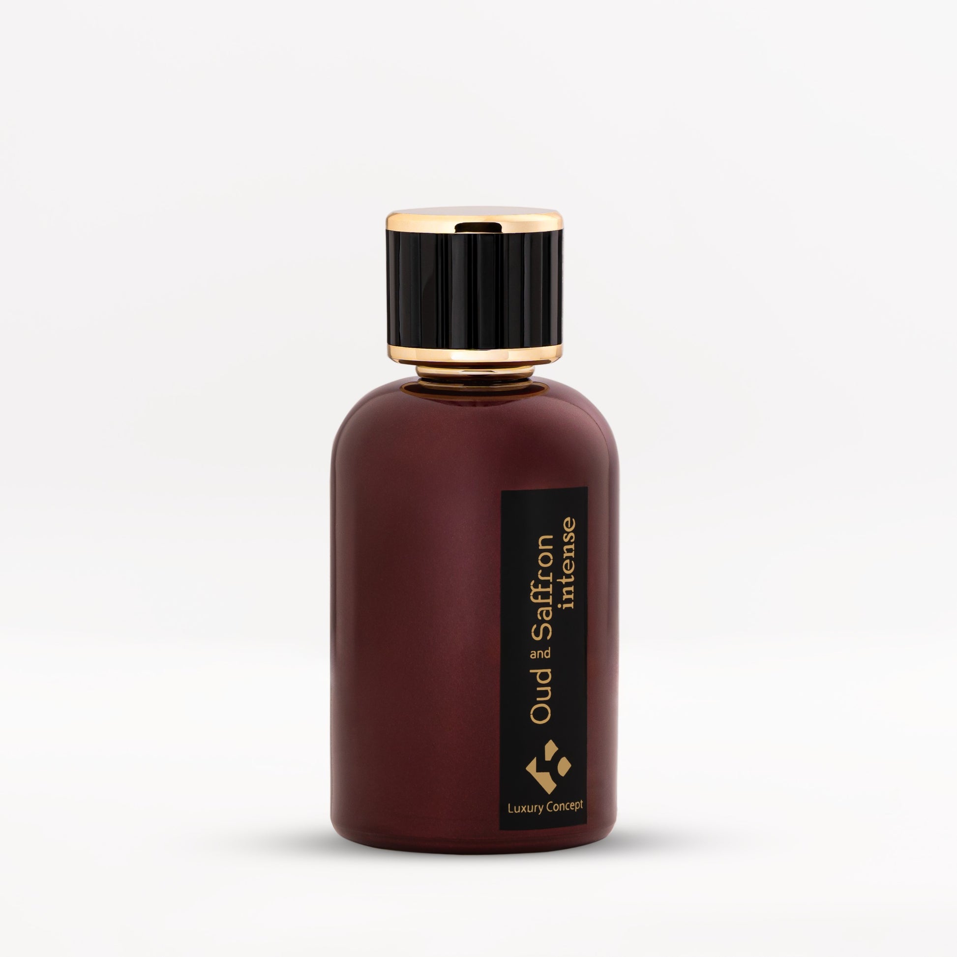Oud & Saffron Intense fragrance bottle with rich color gradient and refined faceplate, conveying warm spicy and woody depth with smoky tobacco nuance.