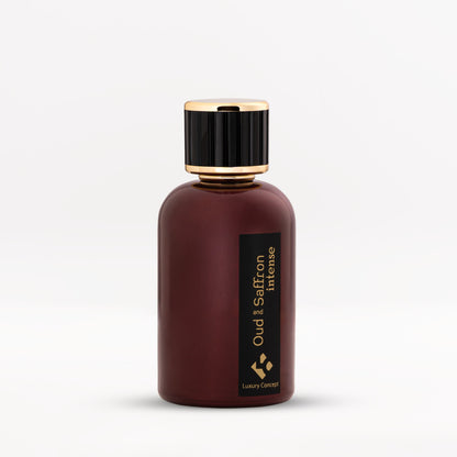 Oud & Saffron Intense fragrance bottle with rich color gradient and refined faceplate, conveying warm spicy and woody depth with smoky tobacco nuance.