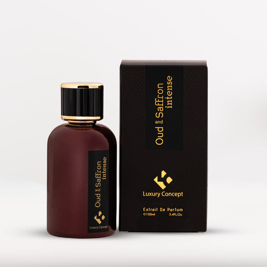Luxury Oud & Saffron Intense packaging box with subtle metallic foil and structured design, perfect for deep, opulent Ramadan fragrance presentation.