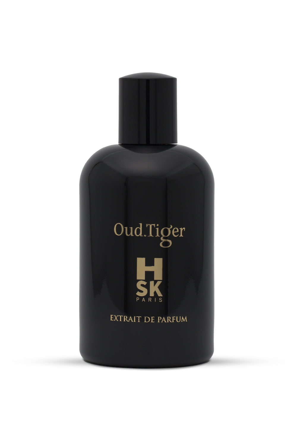 A black bottle of Oud Tiger perfume with gold text indicating the brand and name, with a white label underneath.