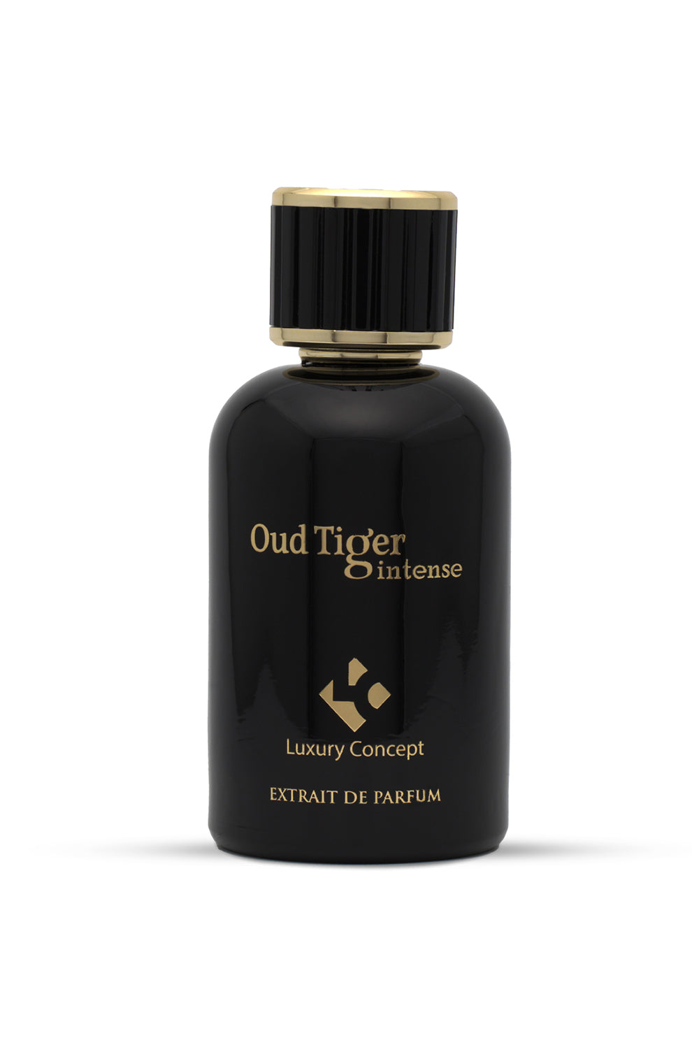 A black bottle of Oud Tiger Intense perfume with a gold-colored cap and label detailing the fragrance name and brand.