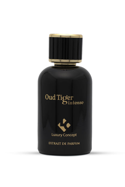 A black bottle of Oud Tiger Intense perfume with a gold-colored cap and label detailing the fragrance name and brand.