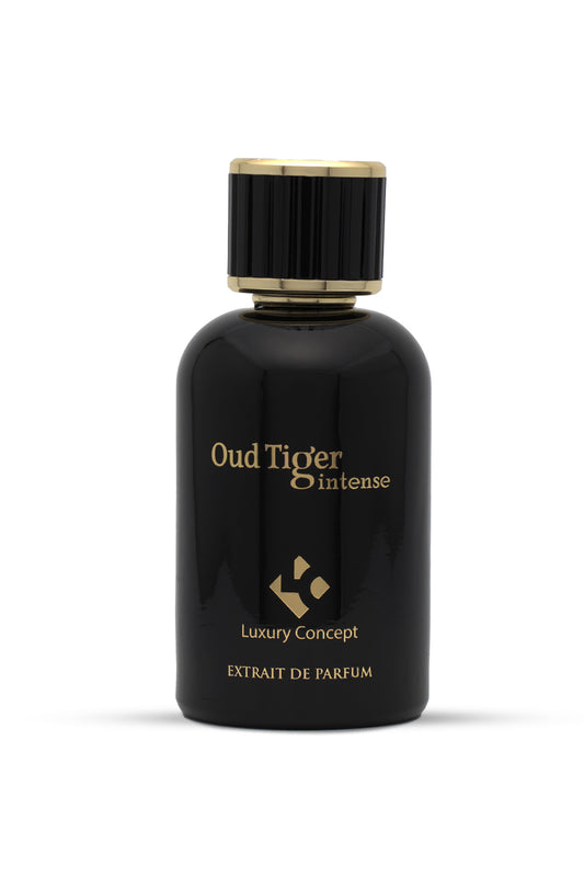 A black bottle of Oud Tiger Intense perfume with a gold-colored cap and label detailing the fragrance name and brand.