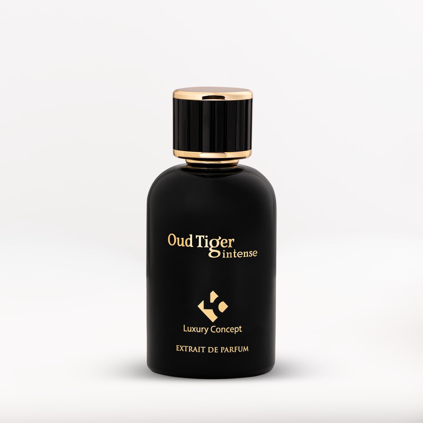 Matte black Oud Tiger perfume bottle with gold typography and bold geometry, suggesting powerful oriental richness and confident presence.