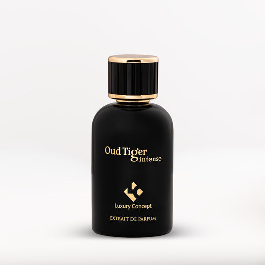 Matte black Oud Tiger perfume bottle with gold typography and bold geometry, suggesting powerful oriental richness and confident presence.