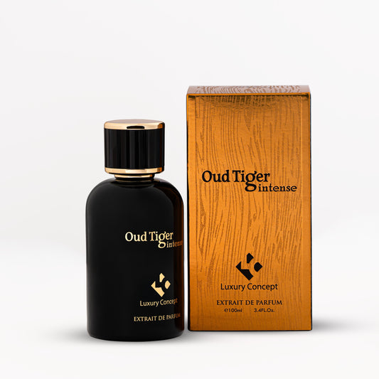 Premium Oud Tiger packaging box with matte and metallic accents, tailored for a bold Ramadan gift with UAE luxury appeal.