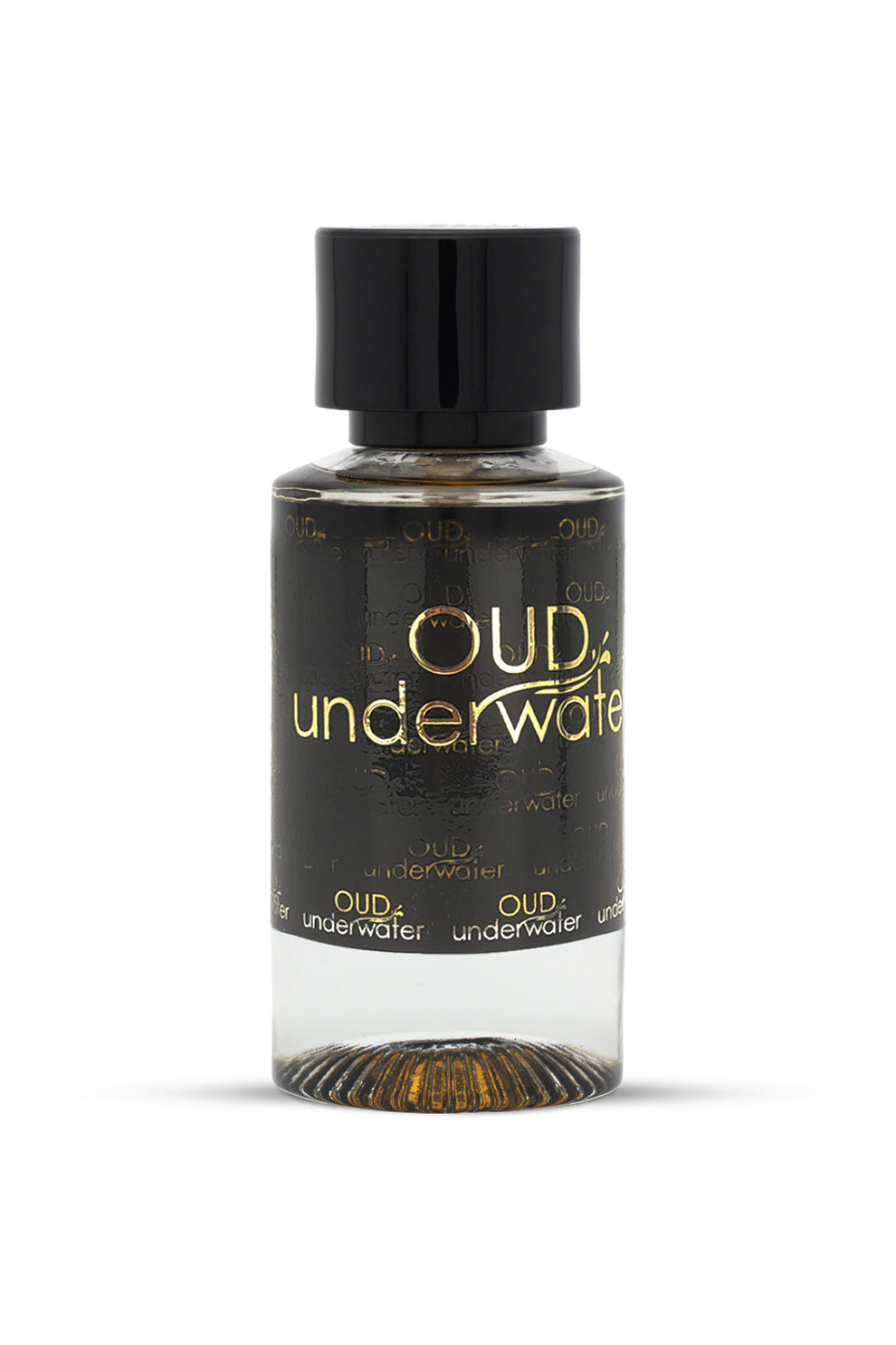 A bottle of OUD UNDERWATER EAU DE PARFUM by Luxury Concept with a black label and cap, showcasing the fragrance through its clear glass.