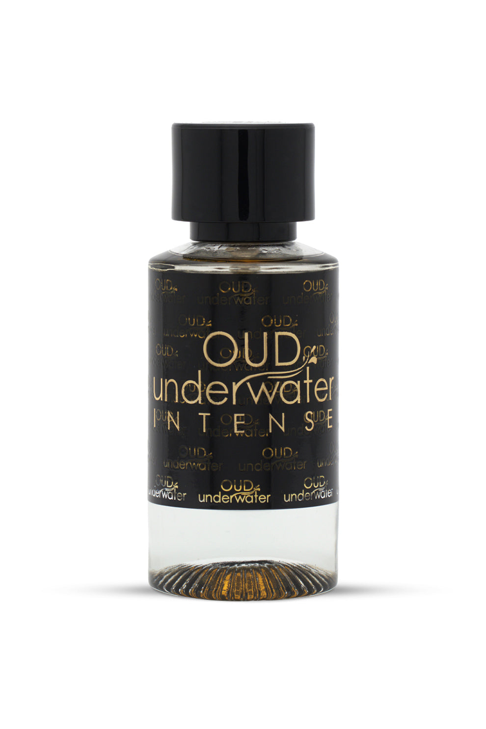 A bottle of 'OUD UNDERWATER INTENSE' perfume from Luxury Concept, with a clear glass container and black label featuring gold text.