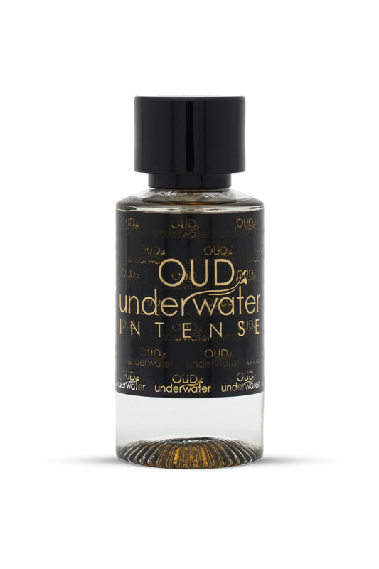 A bottle of 'OUD UNDERWATER INTENSE' perfume from Luxury Concept, with a clear glass container and black label featuring gold text.