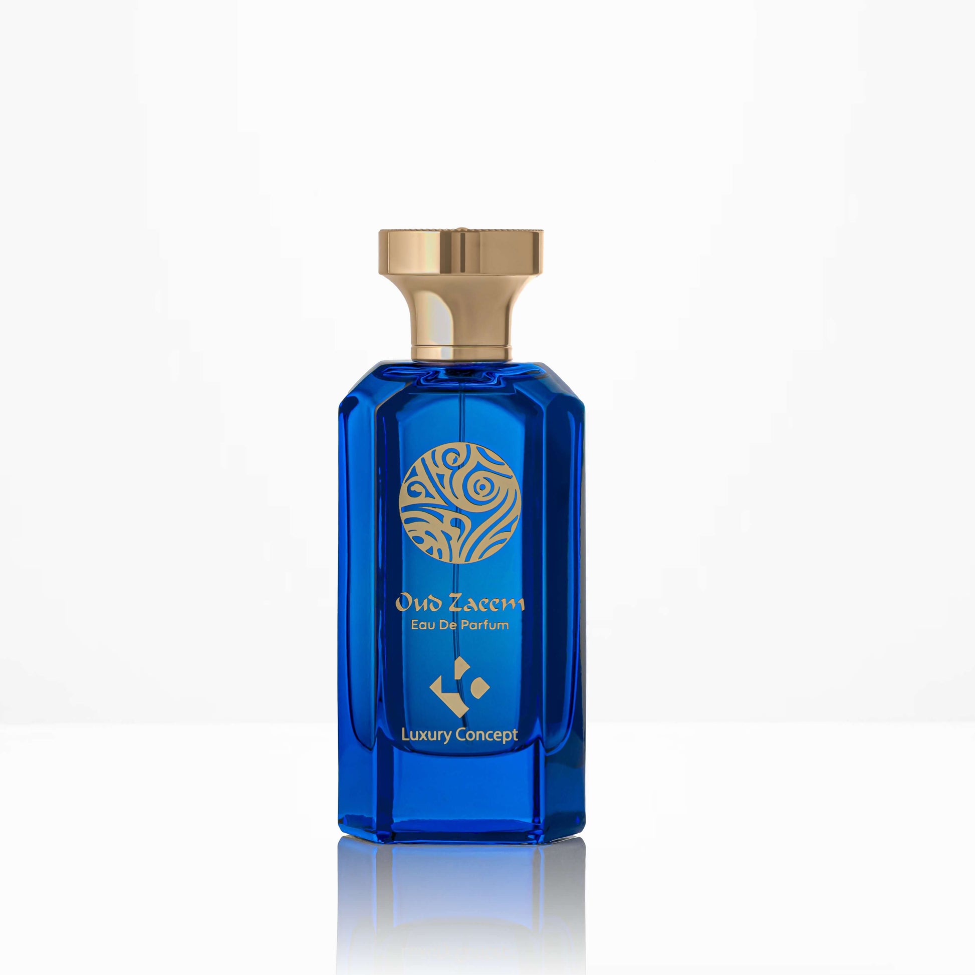 Blue perfume bottle with gold cap on a white background