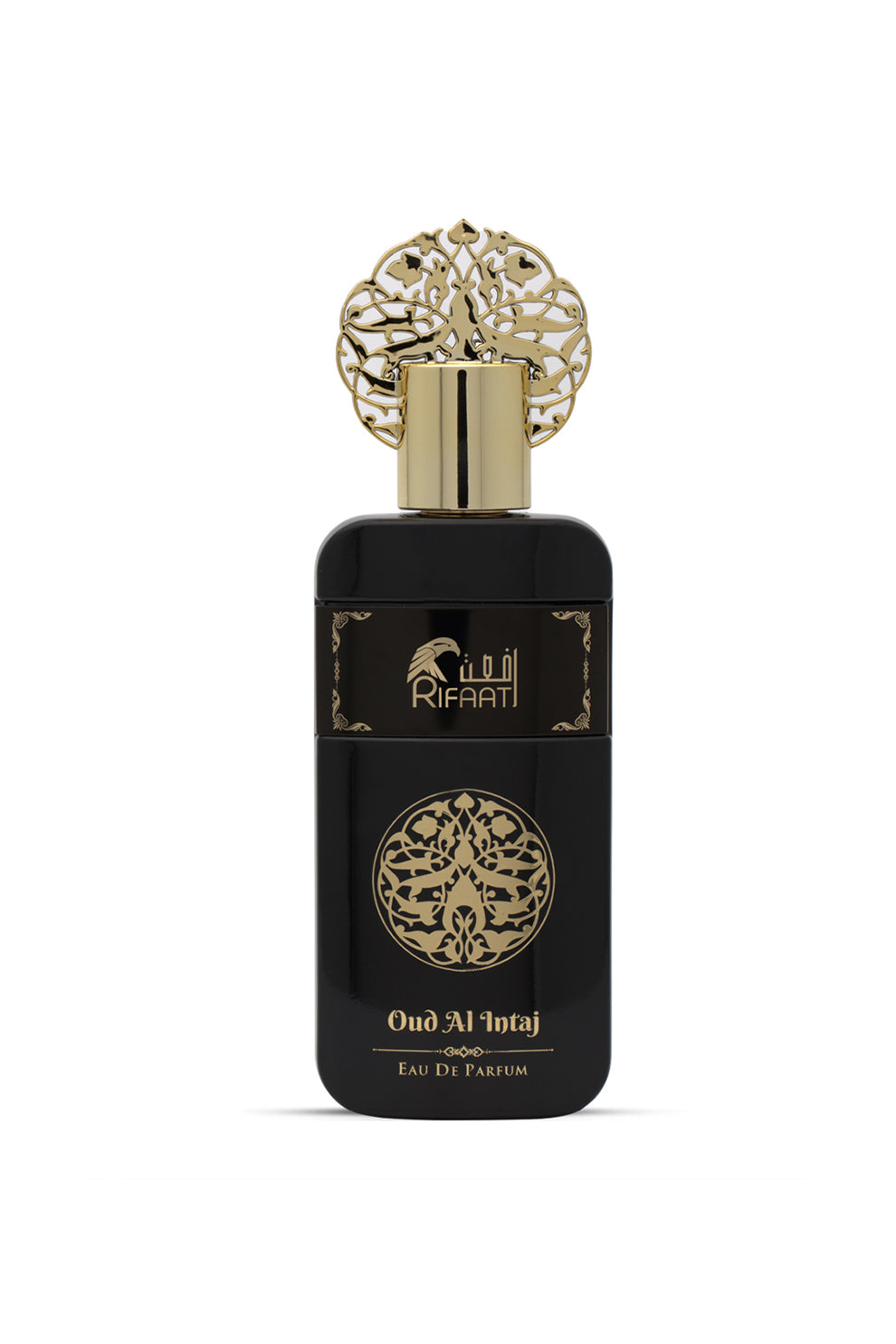 A black perfume bottle with a golden cap, labeled 'OUD AL INTAJ', indicating a luxurious and sophisticated fragrance.