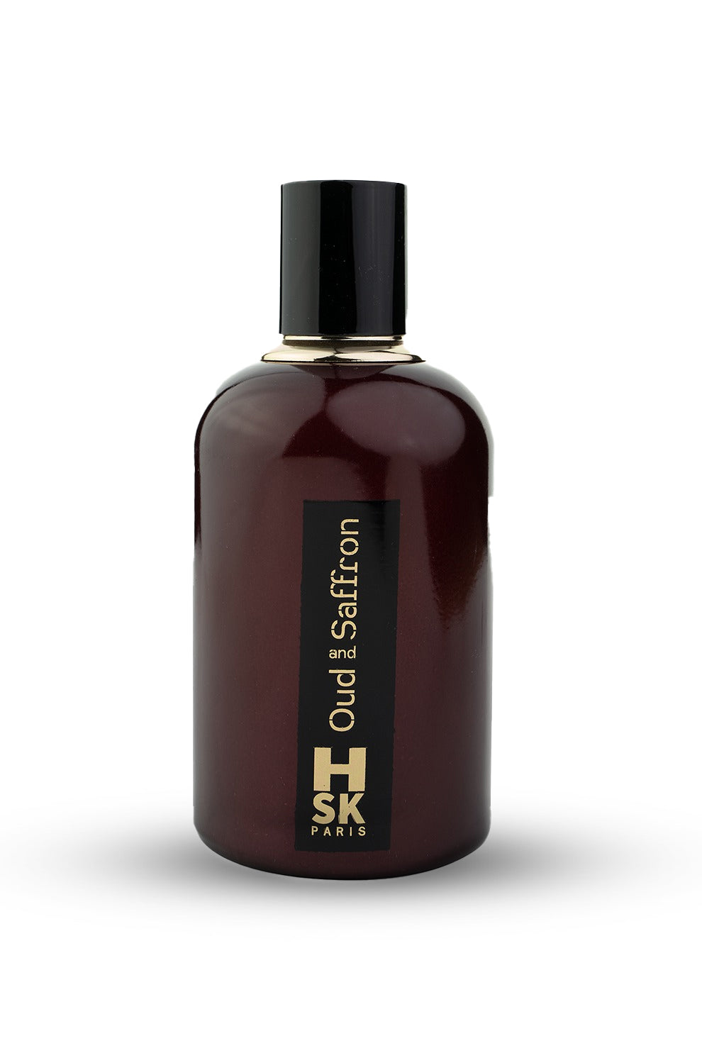 A dark glass bottle of OUD & SAFFRON perfume with a black cap and a label that reads 'Oud & Saffron HSK'.
