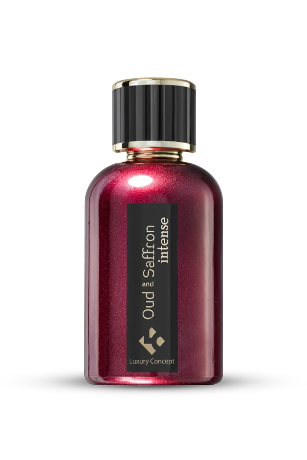 A purple bottle of perfume labeled 'Oud & Saffron Intense' from Luxury Concept.