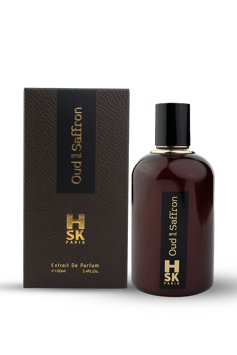 A bottle of OUD & SAFFRON perfume with its packaging box, the bottle is dark colored with a black cap and the box has 'Oud & Saffron' written on it.