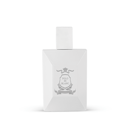 Classic white Polo DI Blanc perfume bottle with smooth surface and emblem label, offering a refined fragrance silhouette.