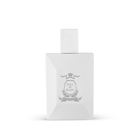 Classic white Polo DI Blanc perfume bottle with smooth surface and emblem label, offering a refined fragrance silhouette.