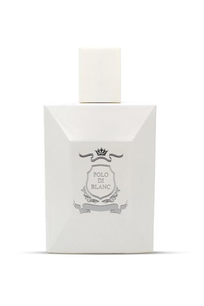 A white bottle of POLO DI BLANC eau de parfum with a decorative emblem on the label.