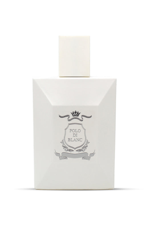 A white bottle of POLO DI BLANC eau de parfum with a decorative emblem on the label.