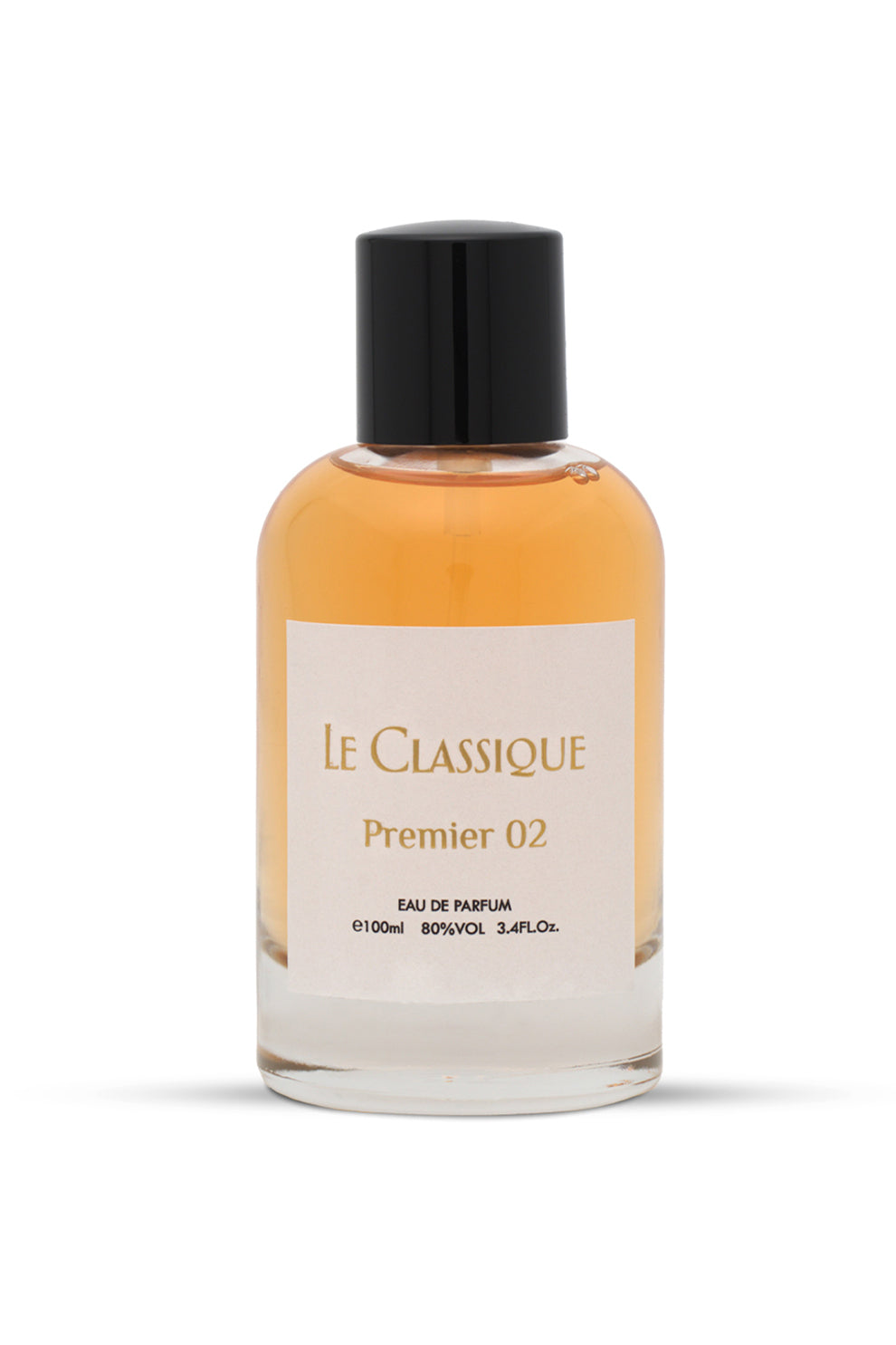 A clear glass bottle of 'Le Classique Premier 02 Eau de Parfum' with a black cap and a label displaying the product name and fragrance type.