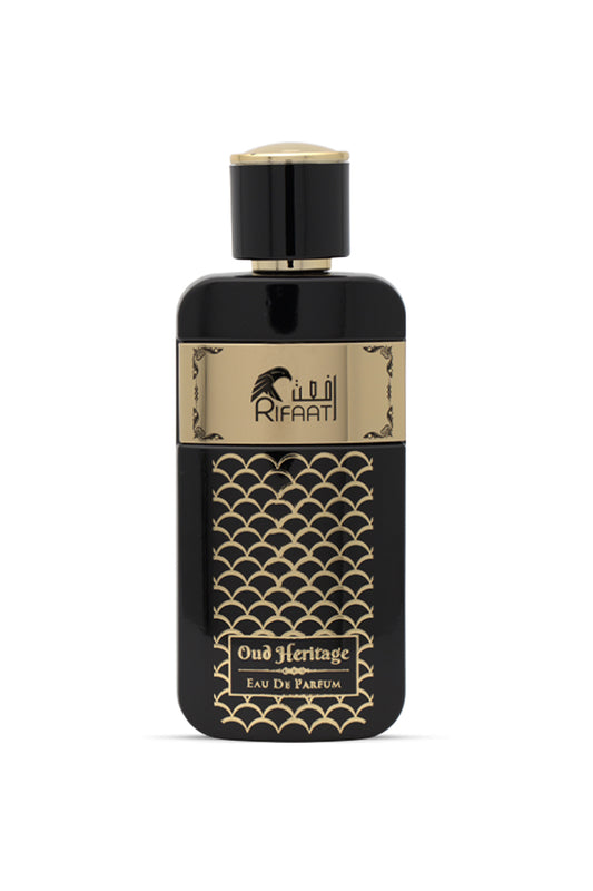 A black perfume bottle with gold detailing, labeled 'OUD HERITAGE' by RIFAAT.