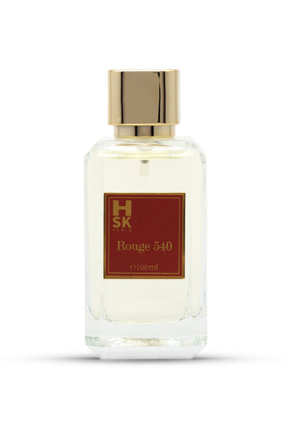 A clear glass bottle of ROUGE 540 EAU DE PARFUM with a gold-colored cap and a red label displaying the product name.