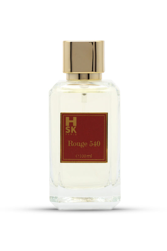 A clear glass bottle of ROUGE 540 EAU DE PARFUM with a gold-colored cap and a red label displaying the product name.