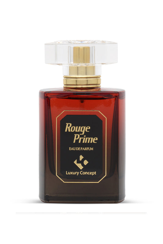 A bottle of ROUGE PRIME EAU DE PARFUM by Luxury Concept with a clear cap and red label, containing 100 ml of fragrance.