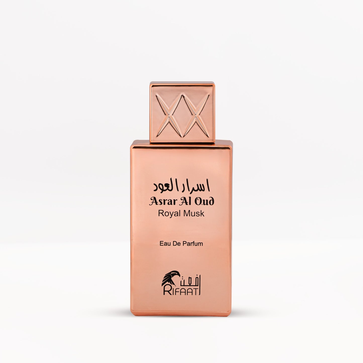 Pink Asrar Al Oud Royal Musk perfume bottle from Rifaati with gleaming gold top and classic profile, reflecting refined musk elegance.