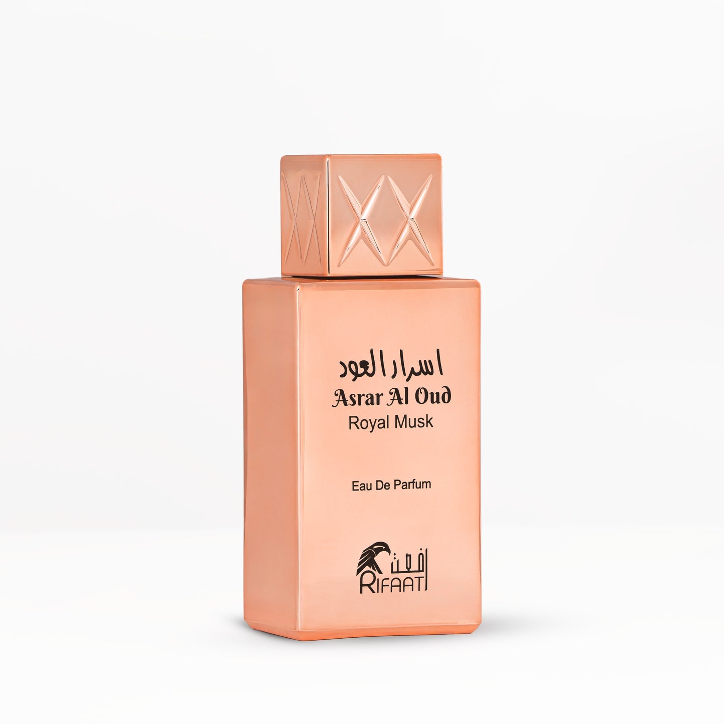 Royal Musk fragrance bottle with polished surface and minimalist badge, conveying universal appeal and smooth presence.