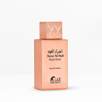 Royal Musk fragrance bottle with polished surface and minimalist badge, conveying universal appeal and smooth presence.