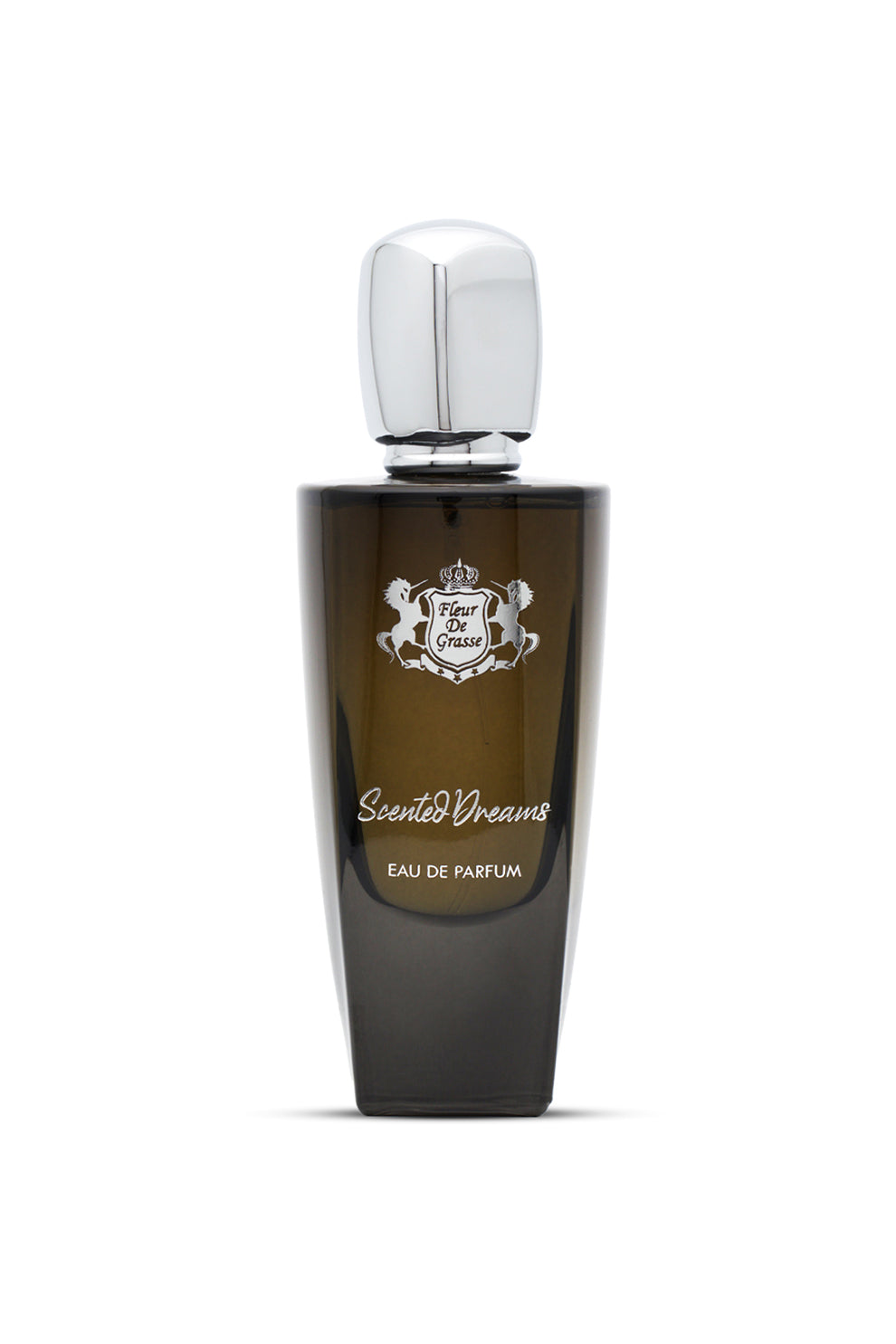 A dark glass bottle of SCENTED DREAMS EAU DE PARFUM with a silver cap and white label featuring elegant typography.