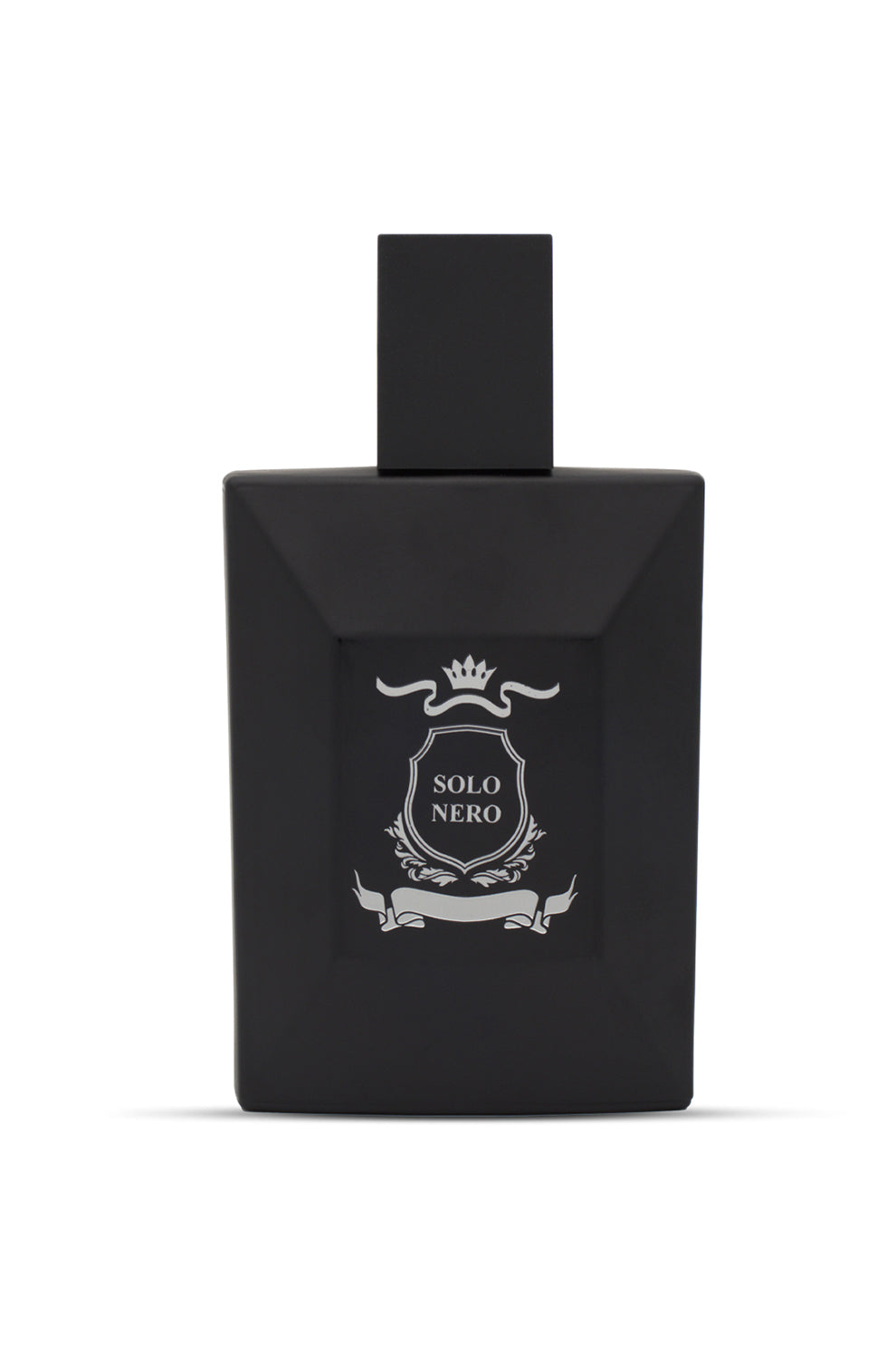 A black perfume bottle with a white label that reads 'SOLO NERO'.