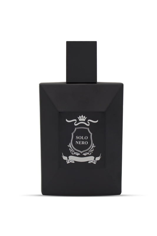 A black perfume bottle with a white label that reads 'SOLO NERO'.