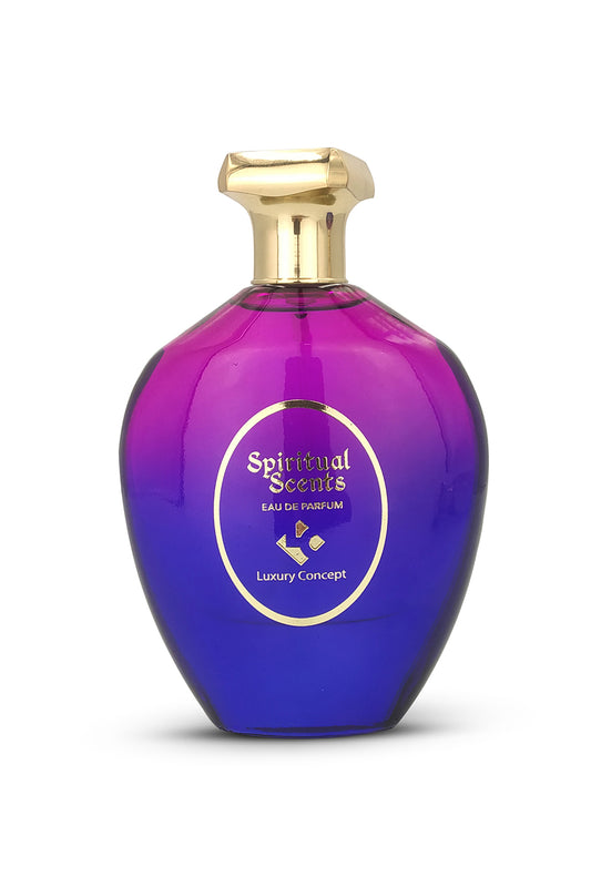 A purple perfume bottle with a gold-colored cap, labeled 'Spiritual Scents' from Luxury Concept.