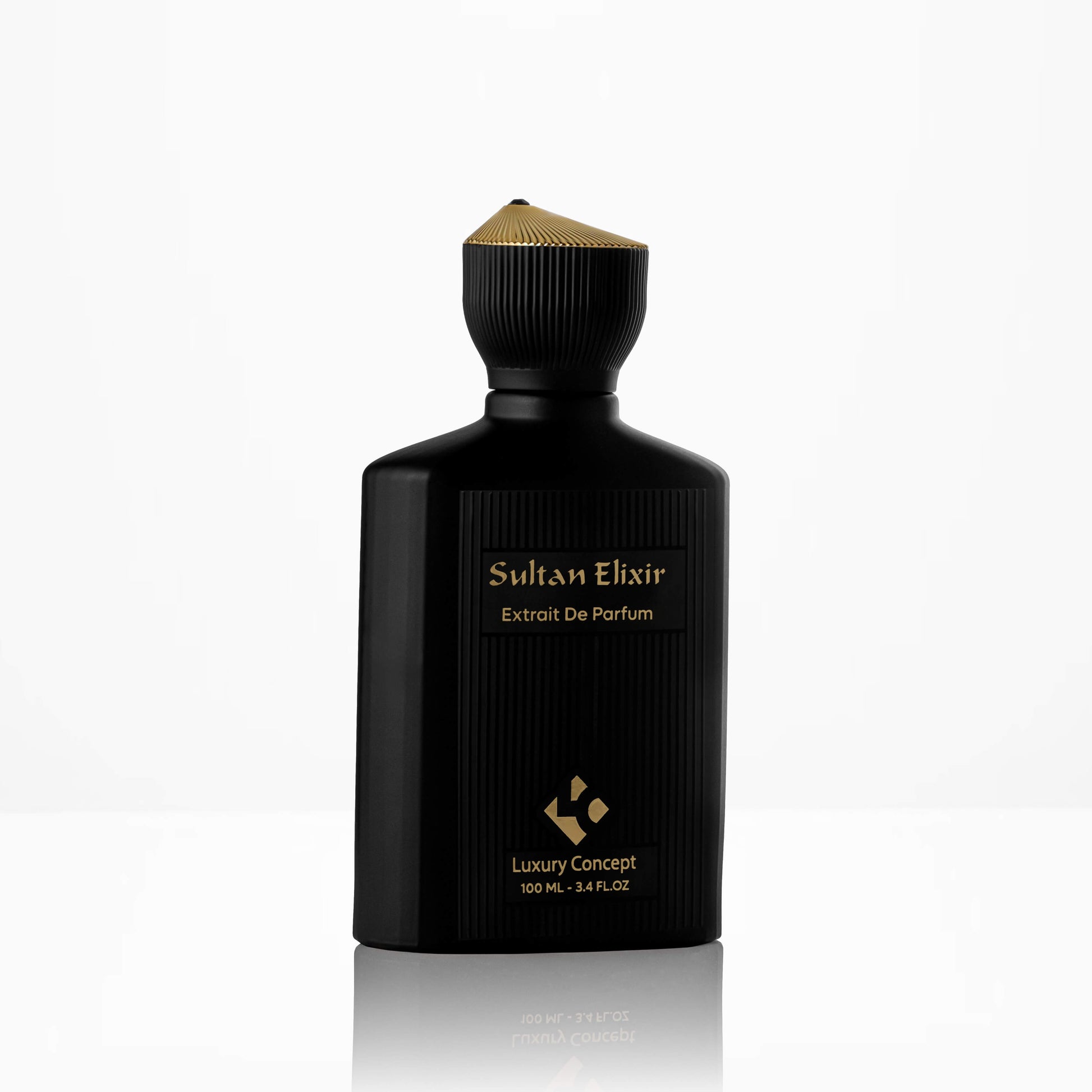 Black perfume bottle labeled 'Sultan Elixir' on a white background