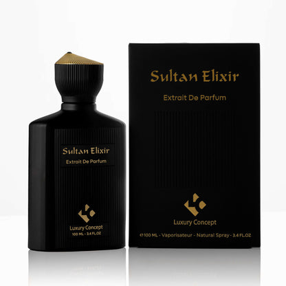 Black Sultan Elixir perfume bottle and packaging on a white background