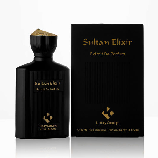 Black Sultan Elixir perfume bottle and packaging on a white background
