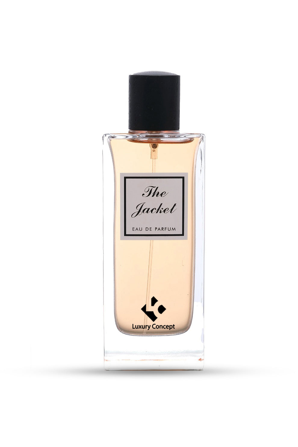 A bottle of 'The Jacket' EDP by Luxury Concept, with a clear glass container and a black cap.