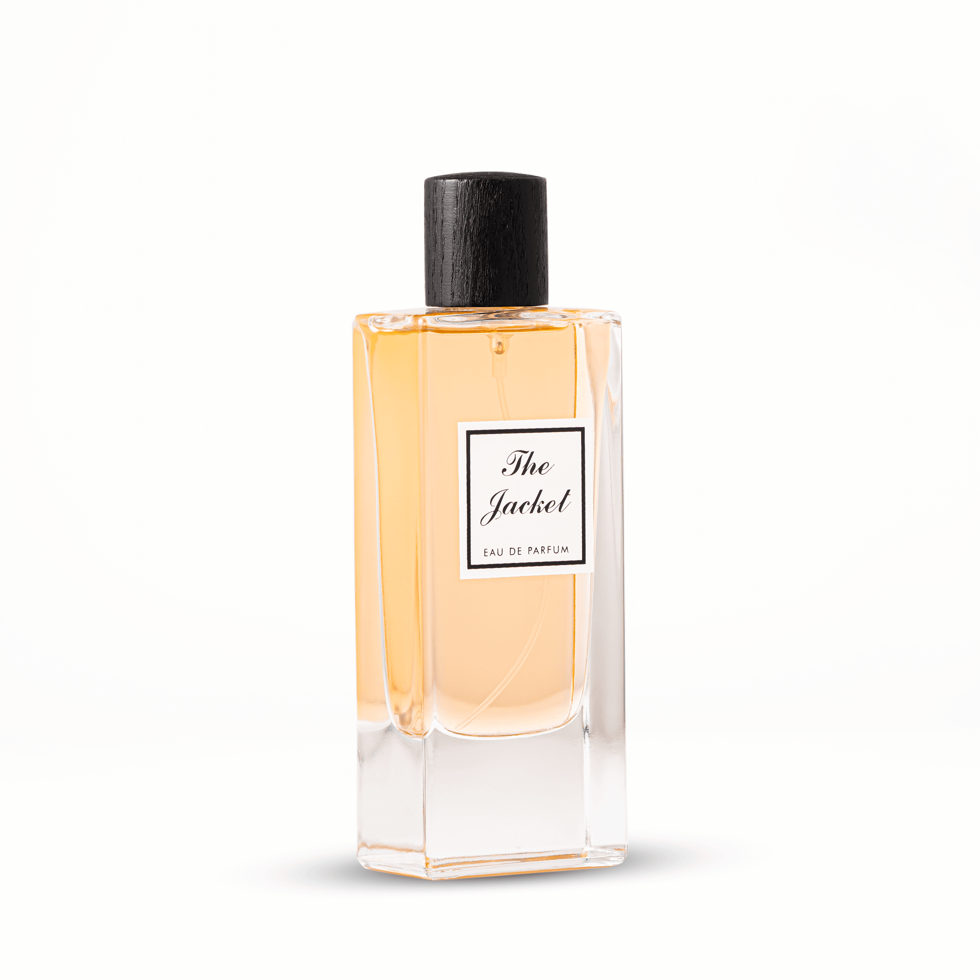 The Jacket fragrance bottle with transparent body and clean, contemporary label, suggesting minimalist sophistication.