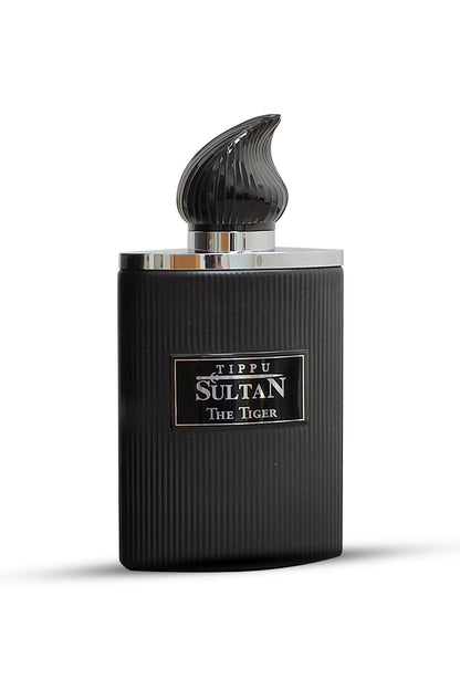 A black perfume bottle with a unique design, featuring a label that reads 'Tipu Sultan The Tiger' on the front, with a white background.