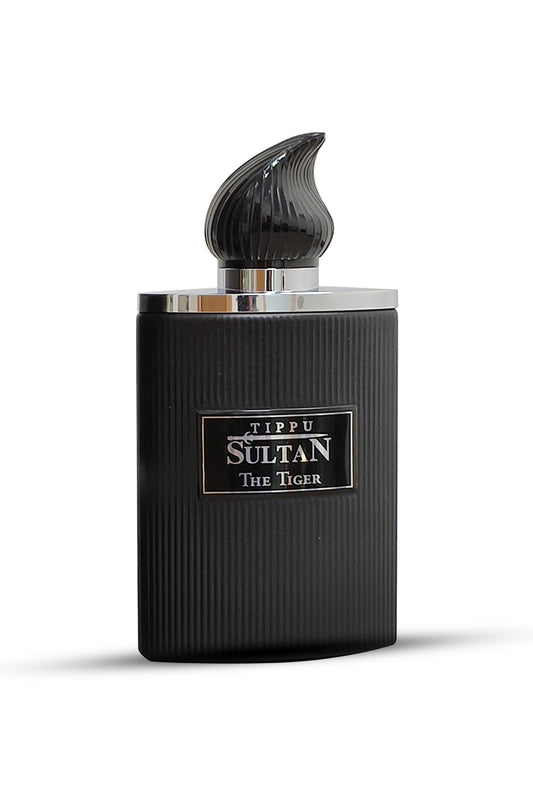 A black perfume bottle with a unique design, featuring a label that reads 'Tipu Sultan The Tiger' on the front, with a white background.