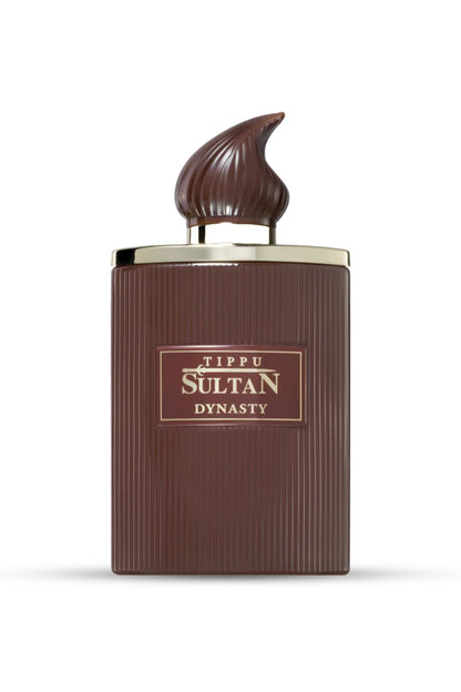 A bottle of Tippu Sultan Dynasty Eau de Parfum with a brown tinted liquid and a distinctive cap shaped like a flame.